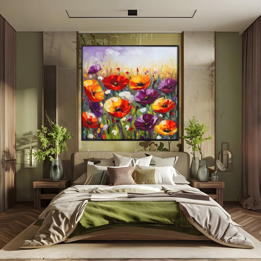 Tablou canvas cu pictura in ulei cu maci, in rama de aluminiu negru, pe perete intr-un dormitor